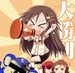  &gt;_&lt; anger_vein angry bad_id bad_pixiv_id baseball_jersey brown_hair celebi_ryousangata censored chibi chunichi_dragons closed_eyes doala hair_ornament hairclip himekawa_yuki identity_censor idolmaster idolmaster_cinderella_girls jersey long_hair megaphone multiple_girls murakami_tomoe namba_emi nippon_professional_baseball red_hair shorts 