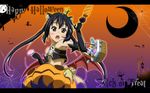  black_hair brown_eyes cosplay elbow_gloves gloves gradient gradient_background halloween happy_halloween highres jack-o'-lantern k-on! long_hair melissa_seraphy melissa_seraphy_(cosplay) nakano_azusa oku_no_shi orange_background purple_background solo trick_or_treat twintails wings 