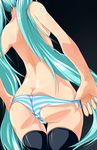  aqua_hair ass black_background from_behind hatsune_miku highres kodomonomikata_(noikurezant) long_hair panties panty_pull simple_background solo striped striped_panties thigh_gap thighhighs topless twintails underwear very_long_hair vocaloid 