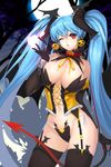  ;o absurdres black_legwear blue_hair breasts collar corset demon_tail earrings full_moon garter_straps groin heart highres horns jack-o'-lantern jack-o'-lantern_earrings jewelry large_breasts long_hair luthica_preventer moon one_eye_closed panties side-tie_panties skindentation snowball22 solo sword_girls tail thighhighs twintails underwear very_long_hair 