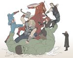  6+boys armor arrow avengers black_hair black_widow blonde_hair blue_eyes blush bodysuit bow_(weapon) breasts brown_hair cape captain_america cleavage dark_skin eyepatch facial_hair gb_(doubleleaf) green_eyes green_skin gun handgun hawkeye_(marvel) hulk iron_man large_breasts long_hair marvel mask multiple_boys nick_fury open_mouth pistol red_hair rocket_launcher shield skin_tight stubble thor_(marvel) weapon 