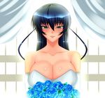  1girl bouquet breasts cleavage dress flower igawa_asagi large_breasts lilith-soft r-wade smile solo taimanin_asagi wedding_dress 
