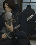  beard belt breath brown_eyes brown_hair buttons coat corvo_attano dishonored facial_hair gb_(doubleleaf) male_focus mask reflection solo sword weapon window 
