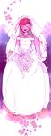  bare_shoulders blush bouquet bridal_veil brown_hair closed_eyes dress elbow_gloves female_protagonist_(persona_3) flower gloves jewelry kuriharax necklace open_mouth persona persona_3 persona_3_portable smile solo star veil wedding_dress 