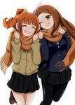  black_legwear blush brown_eyes brown_hair closed_eyes idolmaster idolmaster_(classic) long_hair michitose_michiru minase_iori multiple_girls one_eye_closed open_mouth orange_hair pantyhose scarf shared_scarf smile takatsuki_yayoi twintails 