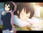  alternate_hairstyle black_eyes black_hair book closed_eyes extra glasses hair_down k-on! kisuke_(akutamu) miyamoto_akiyo ponytail sakuragaoka_high_school_uniform school_uniform short_hair sleeping sleepwear solo 