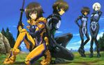  3girls absurdres blonde_hair bodysuit breasts breasts_apart brown_hair covered_navel dark_skin day hand_on_hip highres holding holding_sword holding_weapon itou_katsunobu katana large_breasts long_hair medium_breasts multiple_girls muvluv muvluv_alternative muvluv_total_eclipse one_knee outdoors sheath sheathed short_hair sky stella_bremer sword takamura_yui tarisa_manandal tree very_long_hair weapon yuuya_bridges 