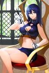  blue_eyes blue_hair breasts chair cleavage cleavage_cutout crossed_legs gloves highres holding large_breasts legs long_hair long_legs midriff miniskirt navel sitting skirt smile snowball22 solo sword_girls thighs whip 