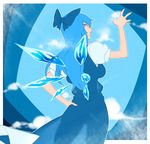  alternate_breast_size alternate_hair_length alternate_hairstyle backboob bad_id bad_pixiv_id blue_eyes blue_hair bow breasts cirno dress from_behind hair_bow hand_on_hip highres large_breasts long_hair older open_mouth silhouette solo space_jin touhou wings 