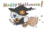  angeltype basket blue_eyes braid broom broom_riding candy cape chocolate costume dog_tail english food halloween happy_halloween hat inu_sakuya izayoi_sakuya jack-o'-lantern jitome lollipop silver_hair solo star tail touhou white_background witch witch_hat 