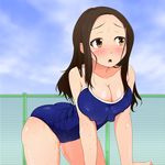  aomizuan bare_shoulders blush breast_squeeze breasts brown_hair cleavage cloud clouds erect_nipples large_breasts long_hair open_mouth sky solo sweat swimsuit wet yellow_eyes 