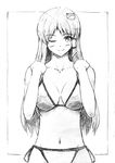  bikini blush breasts greyscale kochiya_sanae large_breasts long_hair looking_at_viewer monochrome one_eye_closed smile solo swimsuit touhou traditional_media vent_arbre 