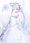  breasts dress elbow_gloves freudia_neuwahl gloves hair_ribbon highres hissatsukun ice large_breasts long_hair one_eye_closed red_eyes ribbon rosenkreuzstilette silver_hair solo very_long_hair white_dress 