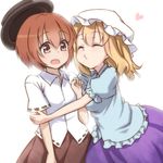  ^_^ blonde_hair brown_eyes brown_hair closed_eyes dress_shirt hat hat_removed headwear_removed maribel_hearn multiple_girls neo-traditionalism_of_japan o3o shirt short_hair skirt tori_(minamopa) touhou usami_renko 