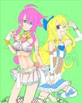  2girls blonde_hair cosplay disgaea flonne high_heels long_hair makai_senki_disgaea_4 multiple_girls panty_&amp;_stocking_with_garterbelt pink_hair ribbon shoes skirt vulcanus_(disgaea_4) wings wink 