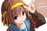  armband bad_id bad_pixiv_id brown_eyes brown_hair cardigan hairband kita_high_school_uniform korean salute school_uniform serafuku short_hair solo suzumiya_haruhi suzumiya_haruhi_no_yuuutsu yunamul 