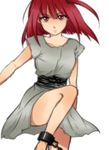  1girl dress leg_up magi_the_labyrinth_of_magic morgiana red_eyes red_hair shackle shackles side_ponytail simple_background solo 