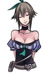  absurdres bare_shoulders belt belt_buckle breasts brown_hair buckle choker cleavage closed_eyes collarbone early_type hair_ribbon head_tilt heart highres large_breasts mole mole_on_breast pouch ribbon short_hair smile sol_trigger solo upper_body wilma_(sol_trigger) 