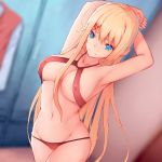  1girl absurdres ahoge armpits arms_up bikini blonde_hair blue_eyes blurry blurry_background breasts cleavage collarbone erect_nipples hair_ornament hairpin highres large_breasts locker long_hair navel original rafael-m red_bikini red_swimsuit smile solo standing swimsuit very_long_hair 
