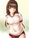  1girl anegasaki_nene blush breasts brown_hair buruma gym_uniform hairband large_breasts long_hair looking_at_viewer love_plus mole mole_under_eye nannacy7 solo 