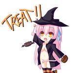  animal_ears bat breasts cat_ears cat_tail halloween hat medium_breasts no_panties open_clothes original pink_hair shia_flatpaddy syroh tail witch_hat 