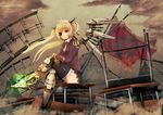  black_legwear blonde_hair crossed_legs eyepatch flag horns long_hair md5_mismatch mechanical_legs mechanical_wings muruaka original red_eyes rubble single_wing sitting skirt solo thighhighs twintails wind wings 