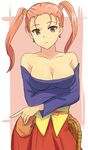 bare_shoulders belt breasts brown_eyes cleavage corset dragon_quest dragon_quest_viii dress earrings hyakuen_raitaa jessica_albert jewelry long_hair looking_at_viewer medium_breasts purple_shirt red_hair rope shirt solo strapless strapless_dress twintails 