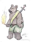  bear brown_fur chubby drawn english_text fur grizzly grizzly_bear male mammal sword text torch weapon 