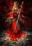  bad_id bad_pixiv_id blonde_hair blood bloody_weapon capelet crown dress hair_over_one_eye lipstick long_hair long_sleeves makeup miyina original petals planted_sword planted_weapon pool_of_blood red_dress red_eyes solo sword very_long_hair weapon zweihander 