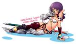  arm_support armor asymmetrical_clothes bikini bikini_armor english garter_belt garters gauntlets glasses hayami_rasenjin lily_(open_dice_kingdom) meikyuu_kingdom midriff mismatched_footwear navel open_dice_kingdom purple_hair solo swimsuit sword thighhighs weapon yellow_eyes 