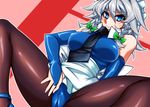  bare_shoulders black_legwear blue_eyes blue_leotard braid breasts izayoi_sakuya large_breasts leotard maid_headdress necktie pantyhose ribbon short_hair silver_hair smile solo spread_legs strappy_heels tajima_yuuki touhou twin_braids 