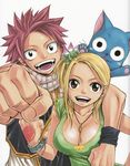  1boy 1girl arm_around_shoulder blonde_hair breasts cleavage fairy_tail happy_(fairy_tail) highres key large_breasts long_hair lucy_heartfilia mashima_hiro natsu_dragneel open_mouth pink_hair smile tattoo 