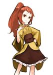  brown_eyes brown_hair calligraphy_brush hand_on_hip japanese_clothes kimono long_hair matsuo_bashou_(sengoku_collection) paintbrush ponytail sengoku_collection simple_background smile solo totteri white_background 