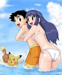  1boy 1girl 2girls ass bikini black_hair blue_hair blush buneary couple gouguru hikari_(pokemon) kasumi_(pokemon) long_hair multiple_girls pikachu pokemon pokemon_(anime) satoshi_(pokemon) swimsuit 