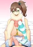  1girl bad_feet bare_shoulders barefoot blush breasts brown_hair butterfly_hair_ornament censored choker chousoku_henkei_gyrozetter feet footjob green_eyes hair_ornament hetero inaba_rinne long_hair long_sleeves looking_at_viewer nipples no_panties partially_visible_vulva penis pussy pussy_juice ribbon_choker sakura_yuu shirt_pull shorts shorts_aside side_ponytail single_thighhigh sitting small_breasts smile striped striped_legwear thighhighs 