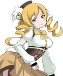  bad_id bad_pixiv_id beret blonde_hair breasts corset detached_sleeves drill_hair fingerless_gloves gloves hair_ornament hat large_breasts magical_girl mahou_shoujo_madoka_magica moru_(monaka) pleated_skirt skirt smile solo tomoe_mami white_background yellow_eyes 