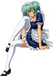  1girl blush dress female green_eyes green_hair ikkitousen legwear maid official_art ryofu_housen sitting smile solo stockings thighhighs 