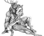  anthro antlers biceps blotch canine cervine couple deer duo elk erection fox gay greyscale hooved_fingers hooves horn interspecies male mammal monochrome muscles pecs penis precum sheath size_difference worried 