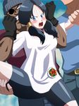  1girl badge belt bike_shorts black_hair blue_eyes blush breasts dark_skin dragon_ball dragonball_z erodon_hearts eyepatch gloves highres legs_up long_hair open_mouth rape shirt standing threesome twintails videl 