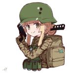  &gt;:) 1girl backpack bag bangs blonde_hair blunt_bangs blush brown_eyes brown_gloves brown_jacket camouflage_jacket closed_mouth commentary_request cropped_torso fukaziroh_(sao) gloves gun hair_bun handgun helmet holding holding_gun holding_weapon jacket knife knife_in_hair kujou_karasuma long_hair long_sleeves pistol sidelocks signature simple_background smile solo sword_art_online sword_art_online_alternative:_gun_gale_online trench_knife upper_body v-shaped_eyebrows weapon weapon_request white_background 