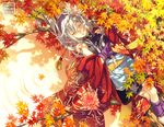  ankle_wrap artist_name autumn_leaves barefoot closed_eyes detached_sleeves long_hair lying md5_mismatch minami_seira on_back original silver_hair solo tree wrist_wrap 
