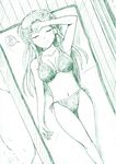  bikini breasts closed_eyes eighth_note green kochiya_sanae long_hair medium_breasts monochrome musical_note smile solo speech_bubble spoken_musical_note swimsuit touhou vent_arbre 