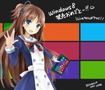  absurdres artist_name bad_id bad_pixiv_id blue_eyes bow brown_hair dress hair_ribbon highres madobe_ai microsoft microsoft_surface number os-tan personification retorillo ribbon salute side_ponytail smile smiley_face solo tablet text_focus translated vulcan_salute windows windows_8 