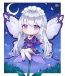  1girl :3 animal animal_on_hand bangs blush butterfly_on_finger chibi closed_mouth commentary_request commission crescent_moon eyebrows_visible_through_hair fairy fairy_wings flower flower-shaped_pupils gloves grey_wings hair_between_eyes hand_up jacket long_hair long_sleeves looking_at_viewer minigirl moon night night_sky on_flower original petals pleated_skirt pong_(vndn124) purple_eyes purple_flower purple_jacket purple_skirt signature silver_hair skirt sky solo star starry_background starry_moon thighhighs very_long_hair white_footwear white_gloves white_legwear wide_sleeves wings 