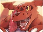  2018 chromamancer claws cum digimon digimon_(species) duo erection guilmon male markings open_mouth penis scalie simple_background smile solo_focus tongue 