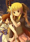  2girls arm_guards bardiche belt blonde_hair brown_hair cape cloud fate_testarossa fingerless_gloves gloves hair_ribbon highres long_hair long_skirt long_sleeves lyrical_nanoha magical_girl mahou_shoujo_lyrical_nanoha mahou_shoujo_lyrical_nanoha_the_movie_1st multiple_girls open_mouth puffy_sleeves purple_eyes raising_heart red_eyes ribbon short_twintails skirt sky takamachi_nanoha twintails very_long_hair 