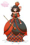 alice_in_wonderland black_hair copyright_name crown detached_sleeves dress mole pout princess_royale queen_of_hearts red_eyes scepter short_hair solo supportasse yanagida_fumita 