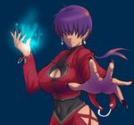  artist_request blue_fire breasts cleavage cleavage_cutout cropped_jacket dark_persona dark_skin earrings fingernails fire hair_over_eyes jewelry jpeg_artifacts large_breasts leotard long_fingernails long_hair miniskirt nail_polish orochi_shermie ponytail purple_hair shermie skirt solo the_king_of_fighters 