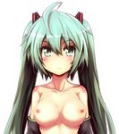  ahoge blush breasts detached_sleeves green_eyes green_hair hatsune_miku long_hair md5_mismatch medium_breasts nipples simple_background solo tom_(drpow) topless twintails vocaloid white_background 