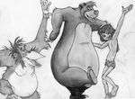  baloo bear chubby claws disney drawn fur greyscale hair human jungle_book king_louie looking_at_viewer louie male mammal monochrome mowgli orangutan plain_background topless 